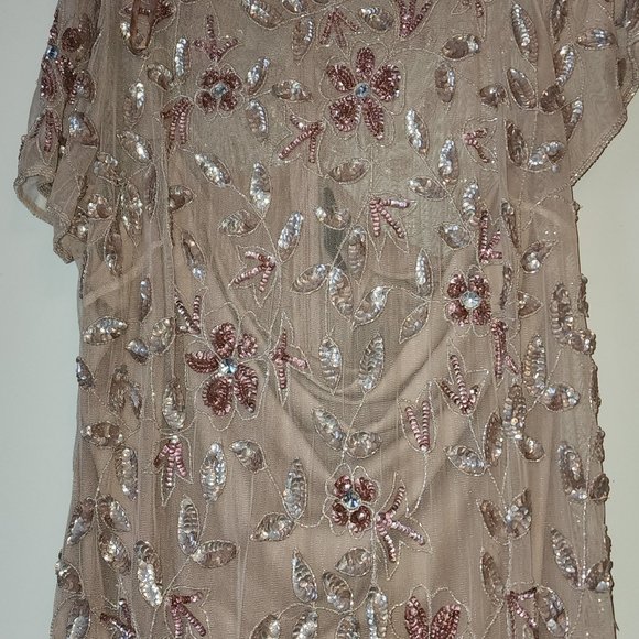 Plus size HAND BEADED SHORT SLEEVE FLORAL GODET GOWN IN BLUSH PINK - Picture 2 of 4